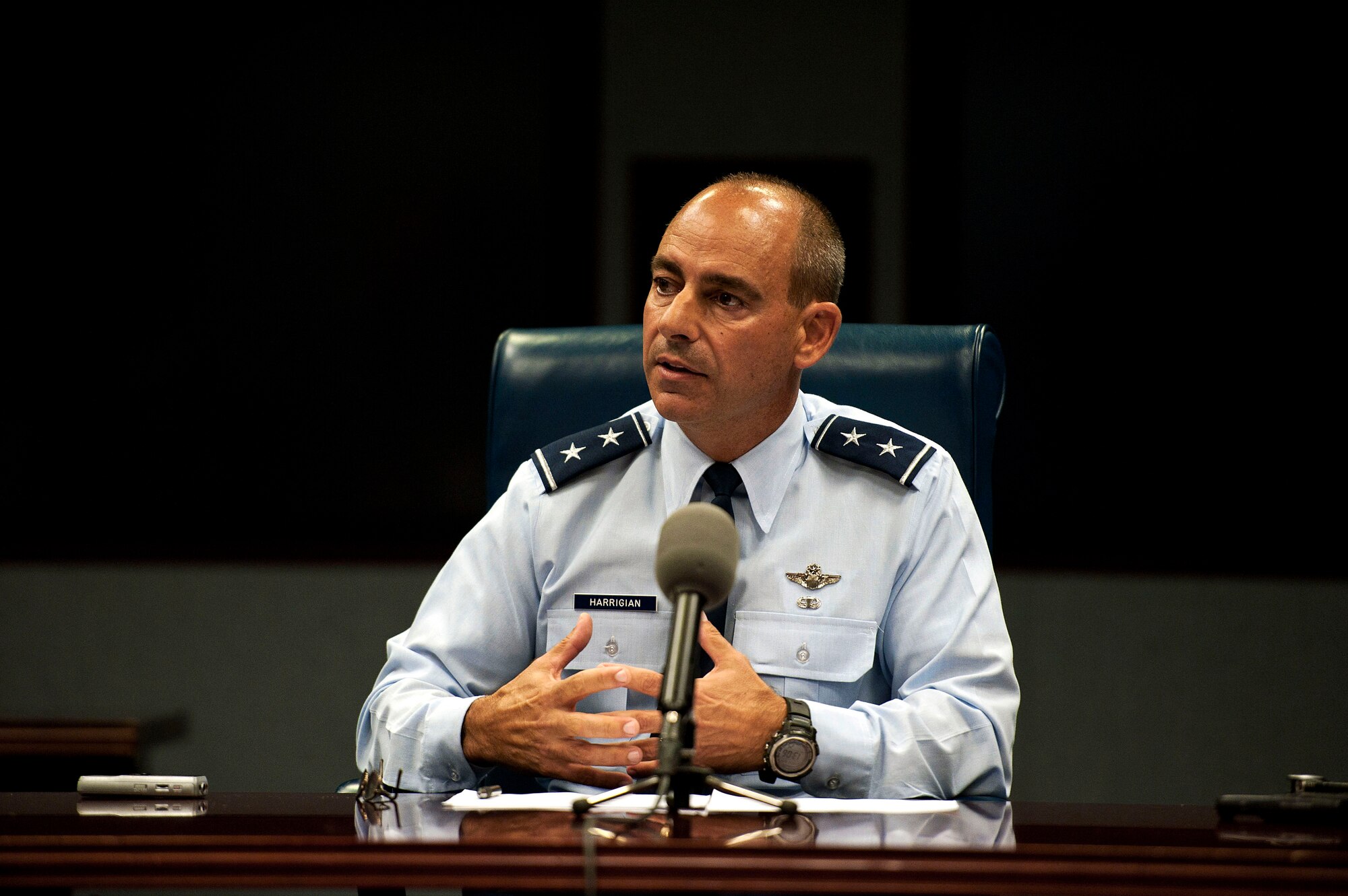 Maj. Gen. Jeffrey L. Harrigian speaks to the media in a press briefing Sept. 29, 2014, at the Pentagon, about decisive impacts airpower can bring to the current fight against ISIL. He indicated a broad coalition effort will continue to be the cornerstone for providing a persistent and lethal threat to ISIL forces. (U.S. Air force photo/Staff Sgt. Anthony Nelson Jr.) 