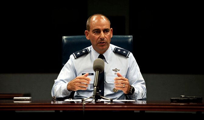 Maj. Gen. Jeffrey L. Harrigian speaks to the media in a press briefing Sept. 29, 2014, at the Pentagon, about the range of capability airpower can bring to the coalition fight against ISIL. Air Force strikes were conducted as part of the comprehensive U.S. strategy to degrade and ultimately defeat ISIL. (U.S. Air force photo/Staff Sgt. Anthony Nelson Jr.) 