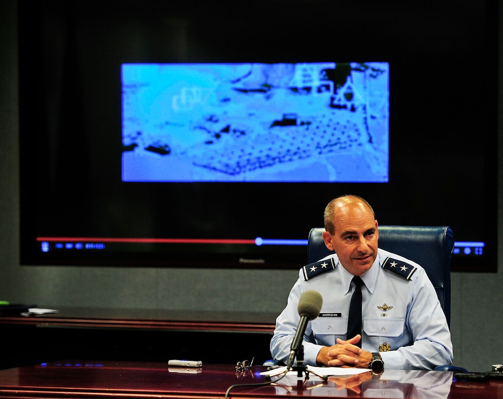 Maj. Gen. Jeffrey L. Harrigian speaks to the media in a press briefing Sept. 29, 2014, at the Pentagon, about the range of capability airpower can bring to the Coalition fight against ISIL. He indicated that the Air Force engagement presents a lethal and persistent threat to ISIL forces and a clear advantage to the coalition forces who oppose them. (U.S. Air force photo/Staff Sgt. Anthony Nelson Jr.)