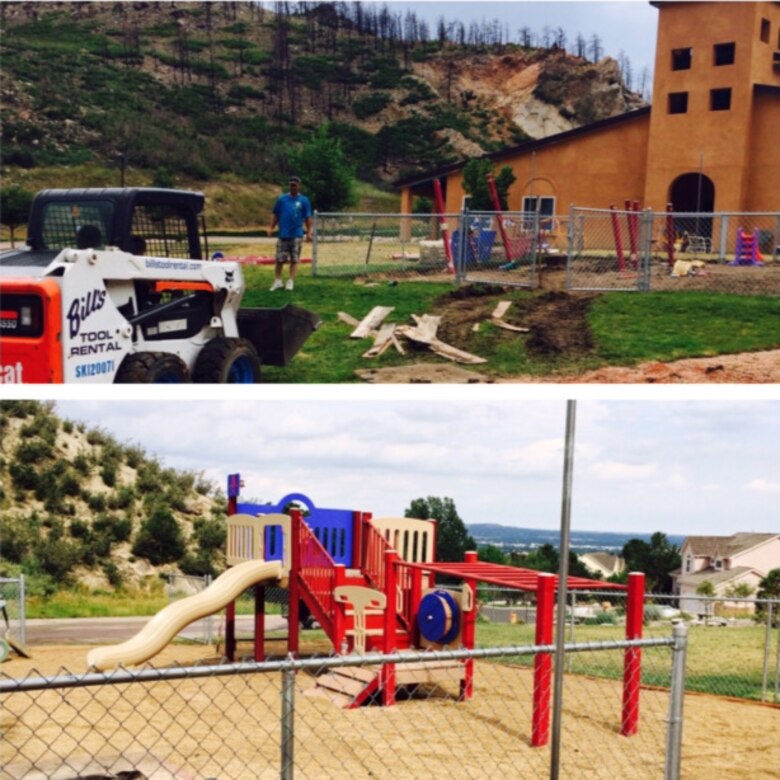 Before and after photos of the playground 
equipment that brought so many smiles to the Alpine Autism Center in Colorado. 