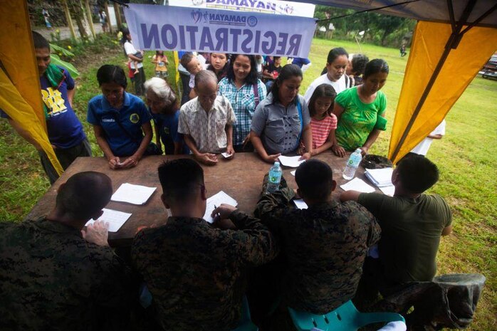 U.S. Navy corpsmen with 3rd Medical Battalion, 3D Marine Logistics Group, receive patients during a Medical Civic Action Program leading up to Amphibious Landing Exercise 15 (PHIBLEX 15) in Palawan, Philippines, September 19, 2014. PHIBLEX 15 is an annual, bilateral training exercise conducted by the Armed Forces of the Philippines, U.S. Marines and Navy to strengthen interoperability across a range of capabilities to include disaster relief and contingency operations. 
(U.S. Marine Corps photo by III MEF Combat Camera Pfc. Matthew Casbarro/Released)
