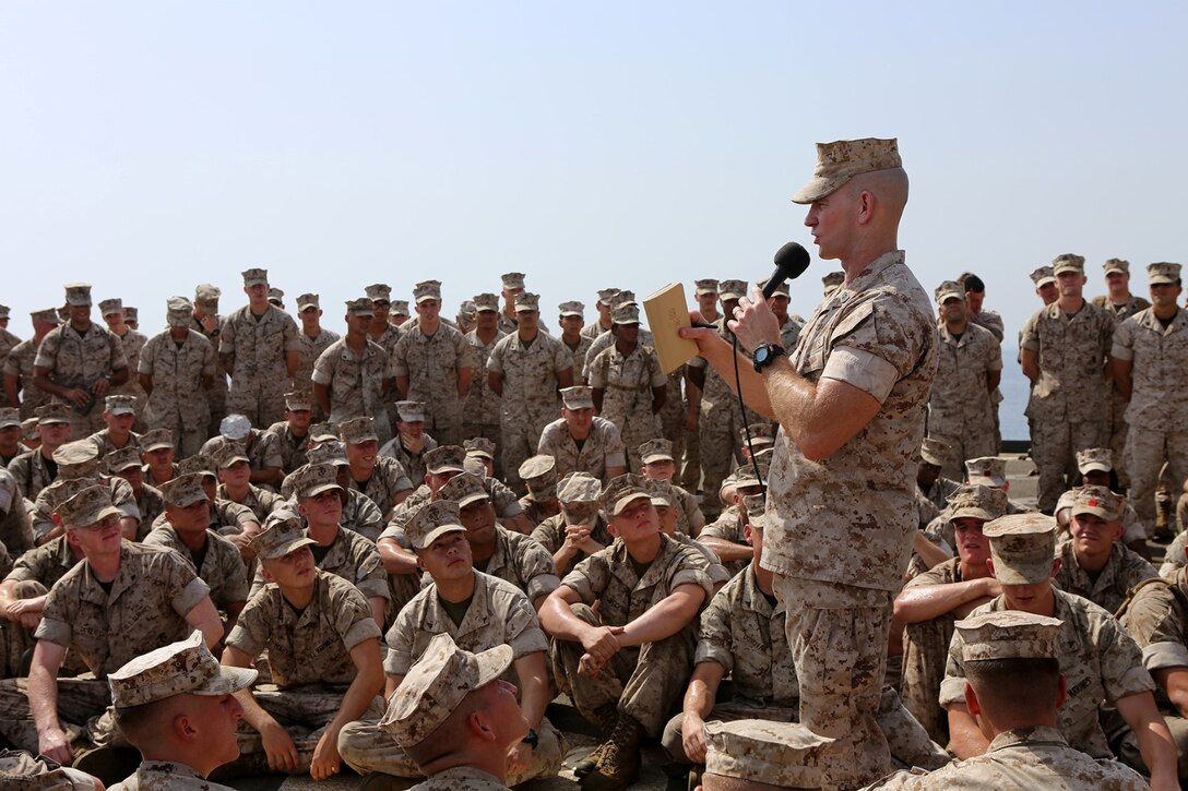 Sgt. Maj. Troy Black, sergeant major of the 11th Marine Expeditionary Unit, addresses Marines embarked aboard the USS Comstock during a visit, Sept. 27. The 11th MEU is deployed with the Makin Island ARG as a theater reserve and crisis response force throughout U.S. Central Command and the U.S. 5th Fleet area of responsibility. (U.S. Marine Corps photo by Sgt. Melissa Wenger/ Released)