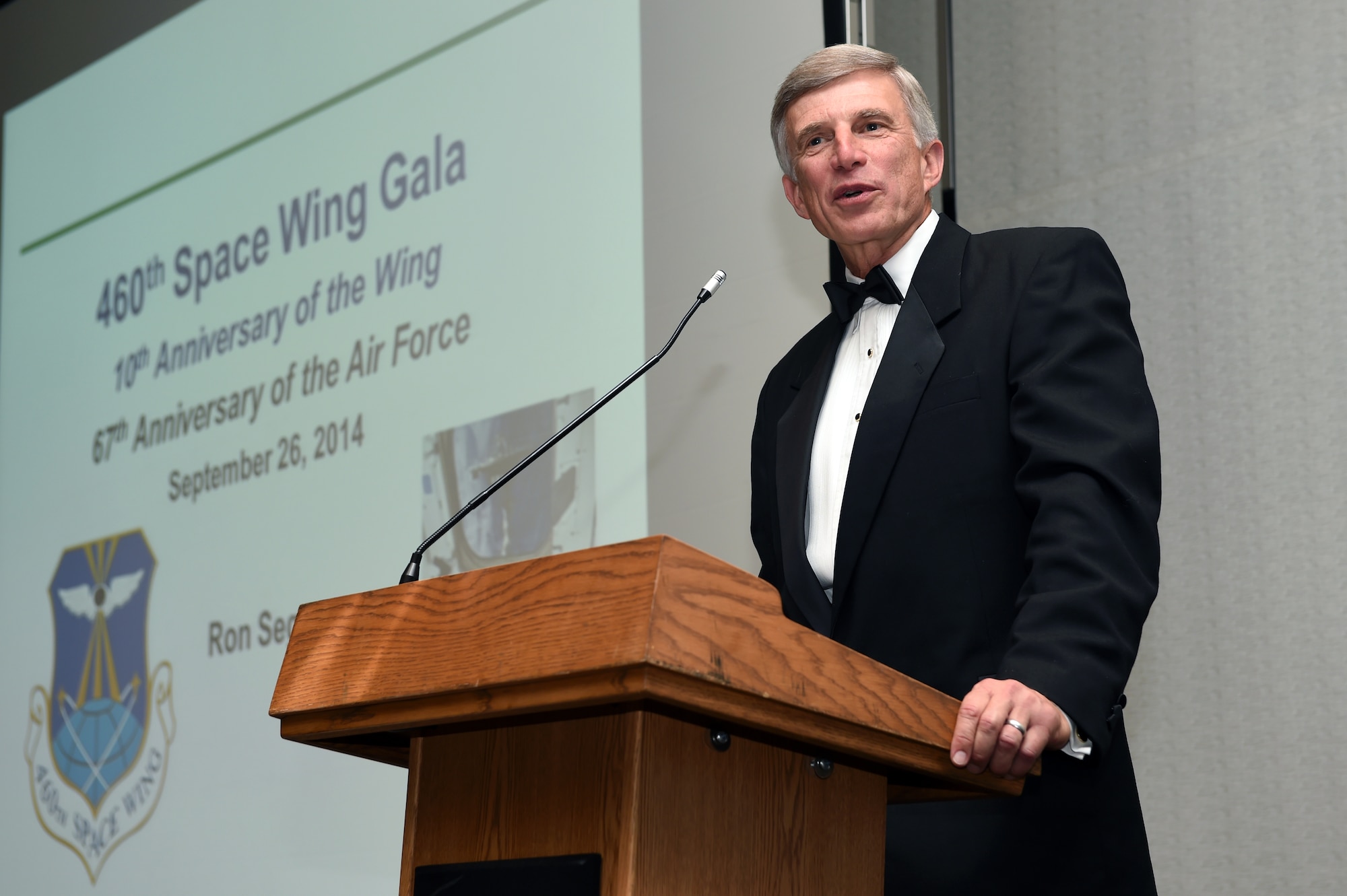 Retired Maj. Gen. Ronald M. Sega, astronaut and former undersecretary of the Air Force, speaks during the Air Force Ball and 460th Space Wing 10th anniversary celebration Sept. 27, 2014, at the Grand Hyatt Hotel in Denver. Every year, the Air Force celebrates its birthday with a formal military ball and festivities many people remember for a lifetime. Buckley Air Force Base did their part to wish the Air Force and the 460th SW a happy birthday with dinner, a guest speaker and a nighttime celebration. (U.S. Air Force photo by Airman Emily E. Amyotte/Released)
