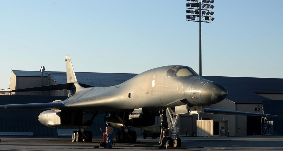 B-1 bomber crews start engines prior to takeoff for the Global Strike Challenge at Ellsworth Air Force Base, S.D., Sept. 18, 2014. The challenge gives Ellsworth a chance to showcase the capabilities of their B-1 bombers and crews, earning points for how close the bomb was placed to the target, how accurately the bomb was timed to drop and how well the teams communicated with each other. (U.S. Air Force photo by Airman 1st Class Rebecca Imwalle/Released)