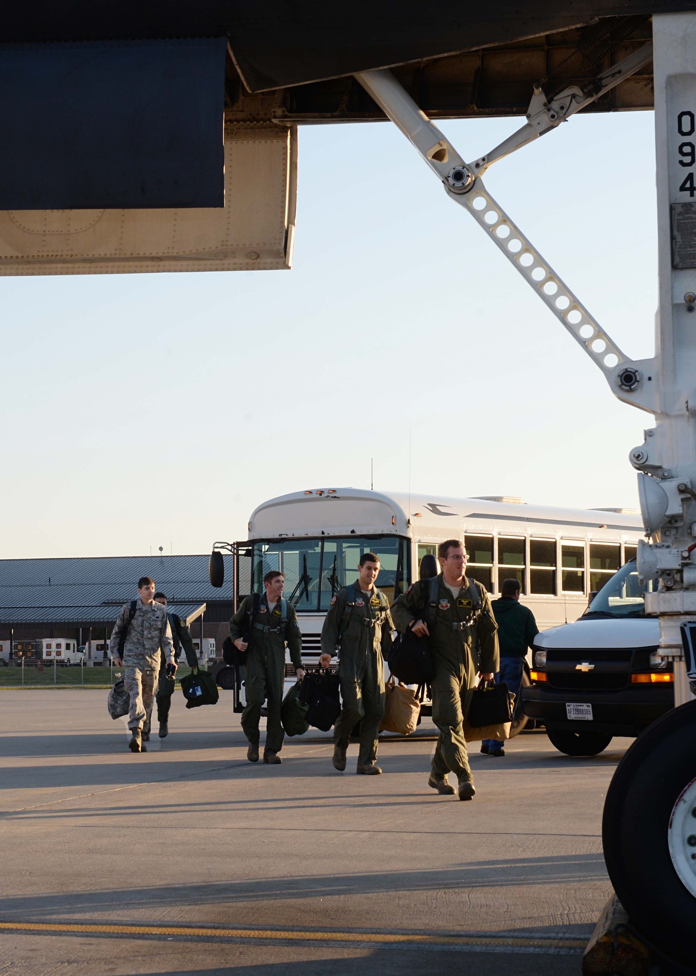 Aircrews from the 37th Bomb Squadron arrive on the flightline for the Global Strike Challenge at Ellsworth Air Force Base, S.D., Sept. 18, 2014. Throughout the competition sorties, aircrew members are evaluated on multiple segments, earning points to compete for the Fairchild Trophy and the LeMay Trophy. (U.S. Air Force photo by Airman 1st Class Rebecca Imwalle/Released)
