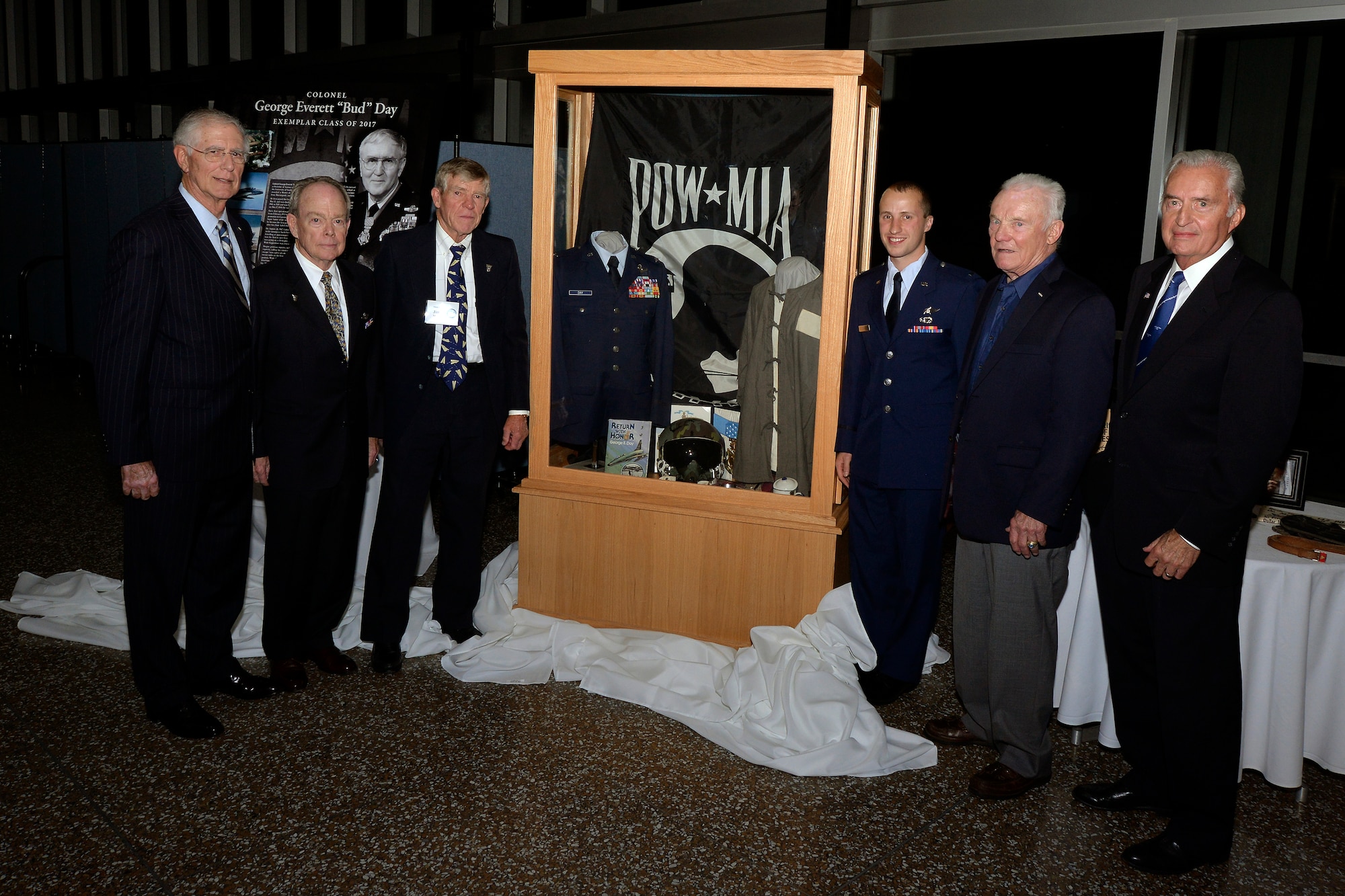 The Col. George Everett "Bud" Day display case was unveiled at the Class of 2017 Exemplar Dinner Sept. 26.Day was chosen as the Class of 2017 Exemplar for his love of country and his example of the triumph of the human spirit. (U.S. Air Force photo/Bill Evans) 