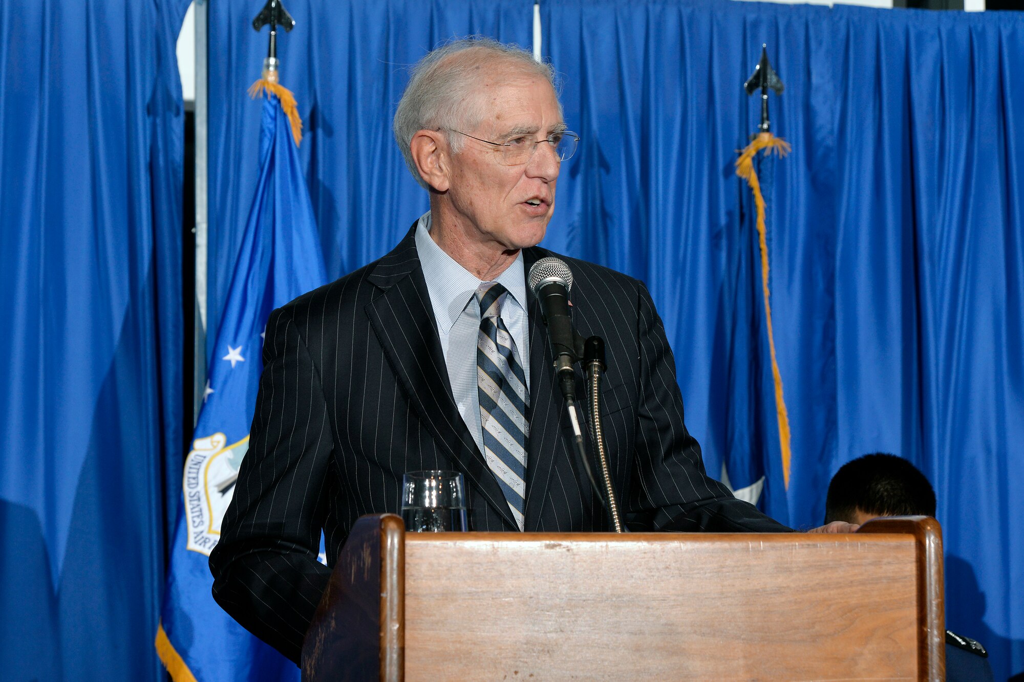 Retired Maj. Gen. Donald Shepperd speaks at the Class of 2017 Exemplar Dinner Sept. 26. Col. George Everett "Bud" Day was chosen as the Class of 2017 Exemplar for his love of country and his example of the triumph of the human spirit. Shepperd was a "Misty" pilot who flew with Day in Viet Nam. (U.S. Air Force photo/Bill Evans) 