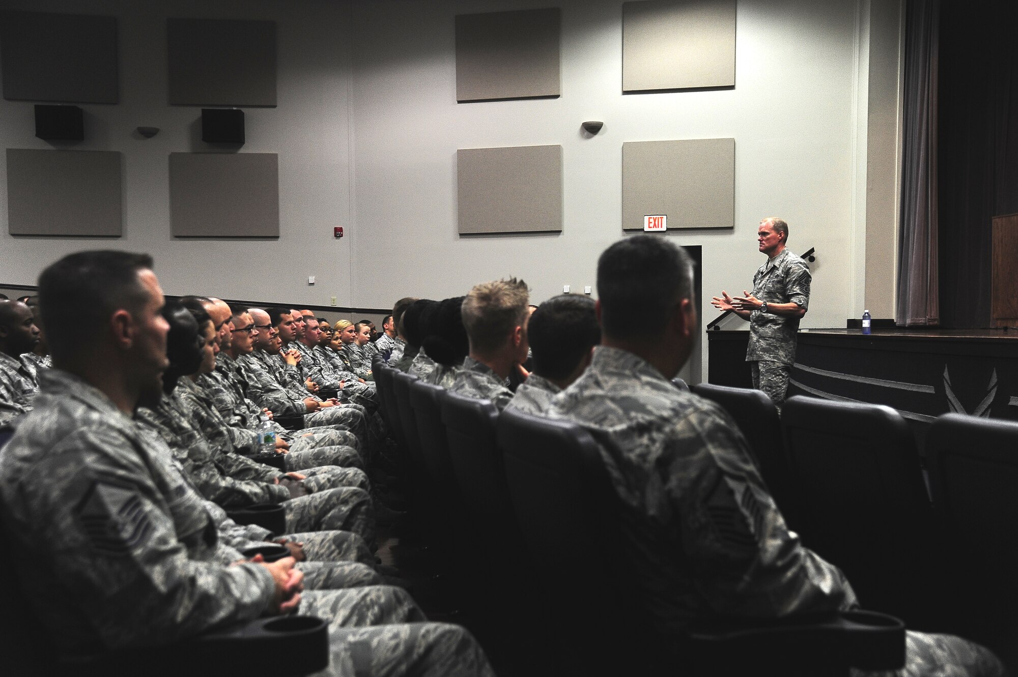 Chief Master Sgt. of the Air Force James Cody speaks with 14th Flying Training Wing enlisted Airmen at an All Call Sept. 24 during his visit to Columbus Air Force Base, Mississippi, Sept. 24-25. “The reason for all these visits, the primary reason, is to look our Airmen in the face, spend as much time as we can with them, and to earnestly let them know how much we appreciate what they do every day,” Cody said. (U.S. Air Force photo/Airman Daniel Lile)