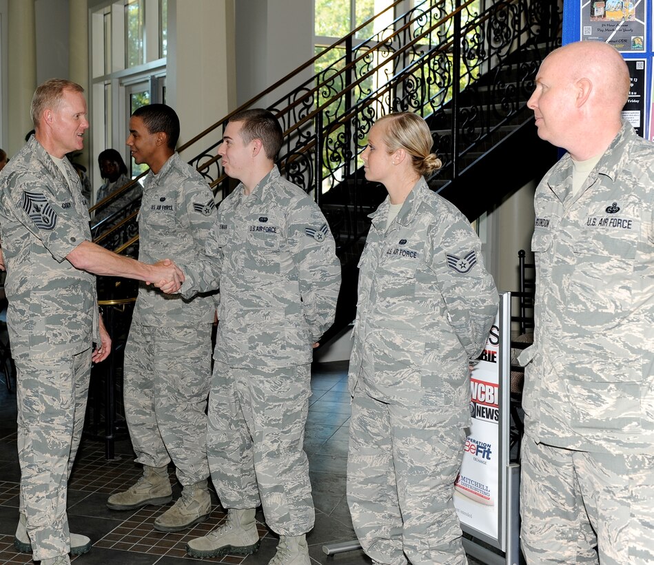 Chief Master Sgt. of the Air Force James Cody speaks with 14th Mission Support Group members Sept. 24 during his visit to Columbus Air Force Base, Mississippi, Sept. 24-25. Cody said he came to Columbus AFB to thank Team BLAZE for what they do. (U.S. Air Force photo/Elizabeth Owens)