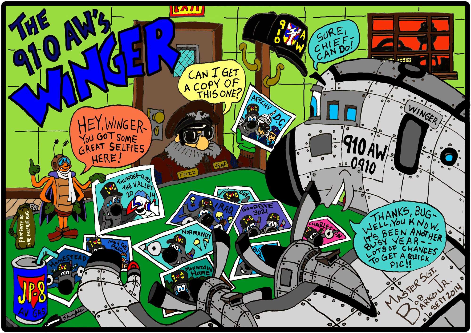 YOUNGSTOWN AIR RESERVE STATION, Ohio -- The 910 Airlift Wing’s ‘Winger’ is a feature cartoon character from the 910th Airlift Wing Public Affairs Office. ‘Winger’ is portrayed as a C-130 assigned to Youngstown Air Reserve Station and has been on many adventures involving the 910th’s many missions including airlift, aerial spray, medical, security forces, maintenance, communications and many more. This Winger features a remiscent view of the 910th’s many accomplisments in 2014. U.S. Air Force artwork/Master Sgt. Bob Barko Jr.
