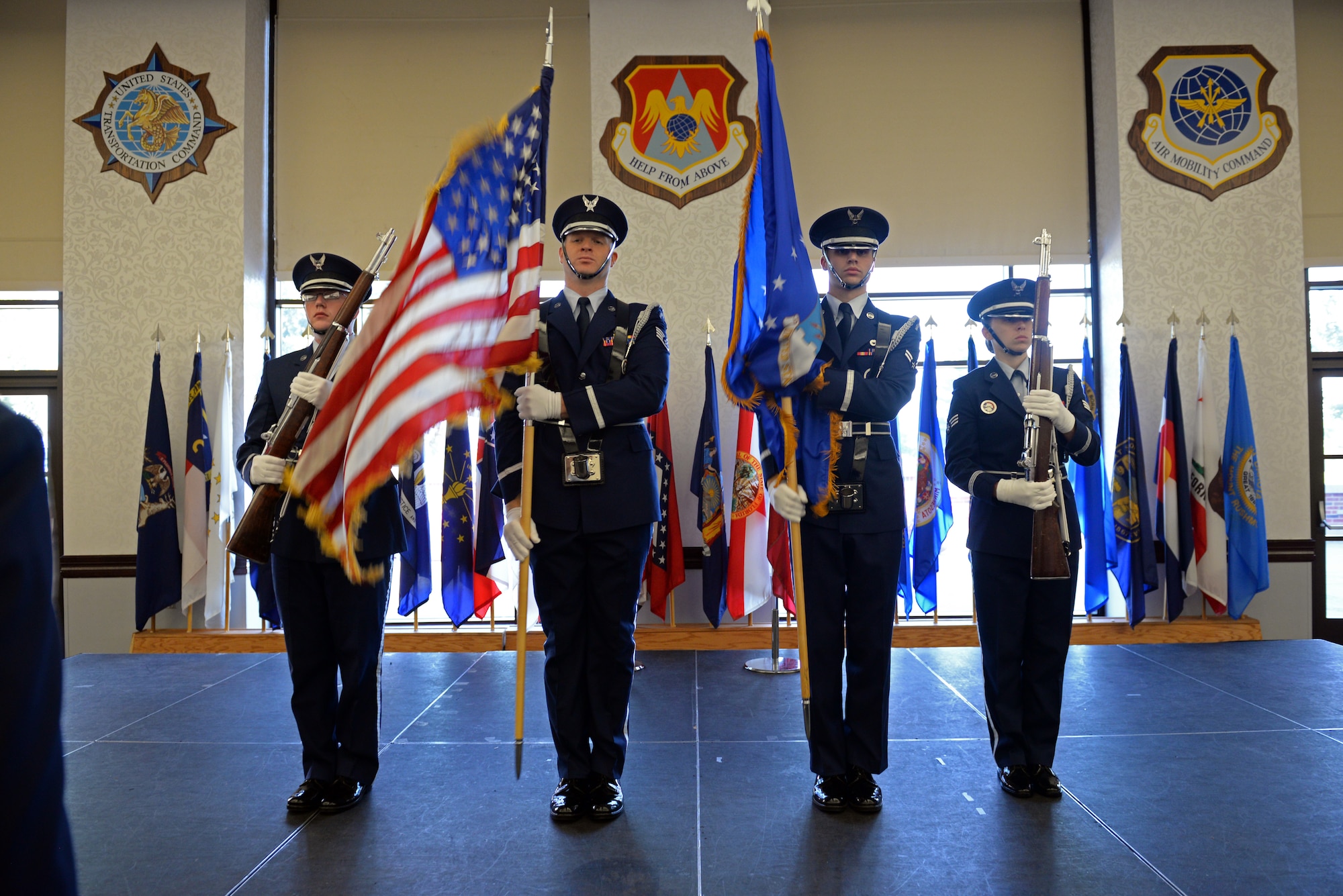 The Scott Air Force Base Honor Guard posts the colors at Retiree Appreciation Day at Scott Air Force Base, Ill., Sept. 27, 2014. Crowds of retirees and their families gathered for the 29th annual Retiree Appreciation Day. There were many informational booths from various organizations around Scott, including the 375th Medical Group, Scott AFB Education Office, Airman and Family Readiness Center, TRICARE, and Red Cross. The day also included free breakfast, donated by the Commissary and hosted by the Club, as well as prize drawings for gift cards. (U.S. Air Force photo by Airman 1st Class Erica Crossen)