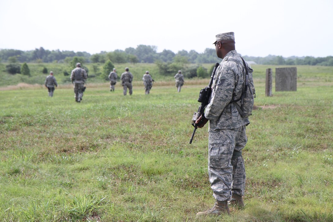 932nd Airlift Wing Security Forces Airmen took turns performing perimeter sweep and base defense procedures during a special ground training exercise near the Sparta Shooting Complex located in Sparta Ill. It was warm and humid but all the participants enjoyed the experience held during a unit training assembly weekend.  (U.S. Air Force photo/Tech. Sgt. Christopher Parr) 
