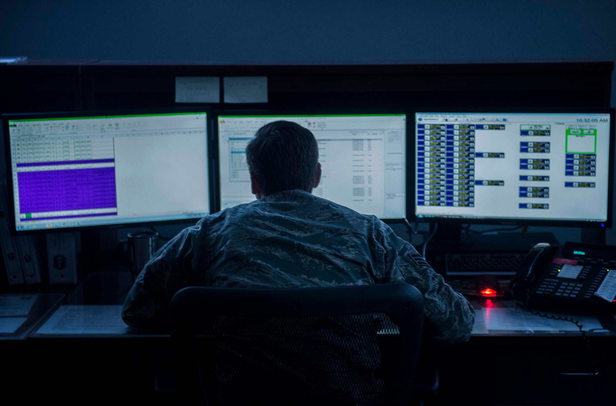 Senior Airman Shea Singerling, 91st Security Support Squadron missile security controller, keeps a watchful eye over all activities in the missile field in the Wing Operations Center on Minot Air Force Base, N.D., Sept. 4, 2014. Airmen from maintenance and security forces work around the clock in the WOC to ensure success of the missile wing mission. (U.S. Air Force photo/Airman 1st Class Lauren Pitts) 