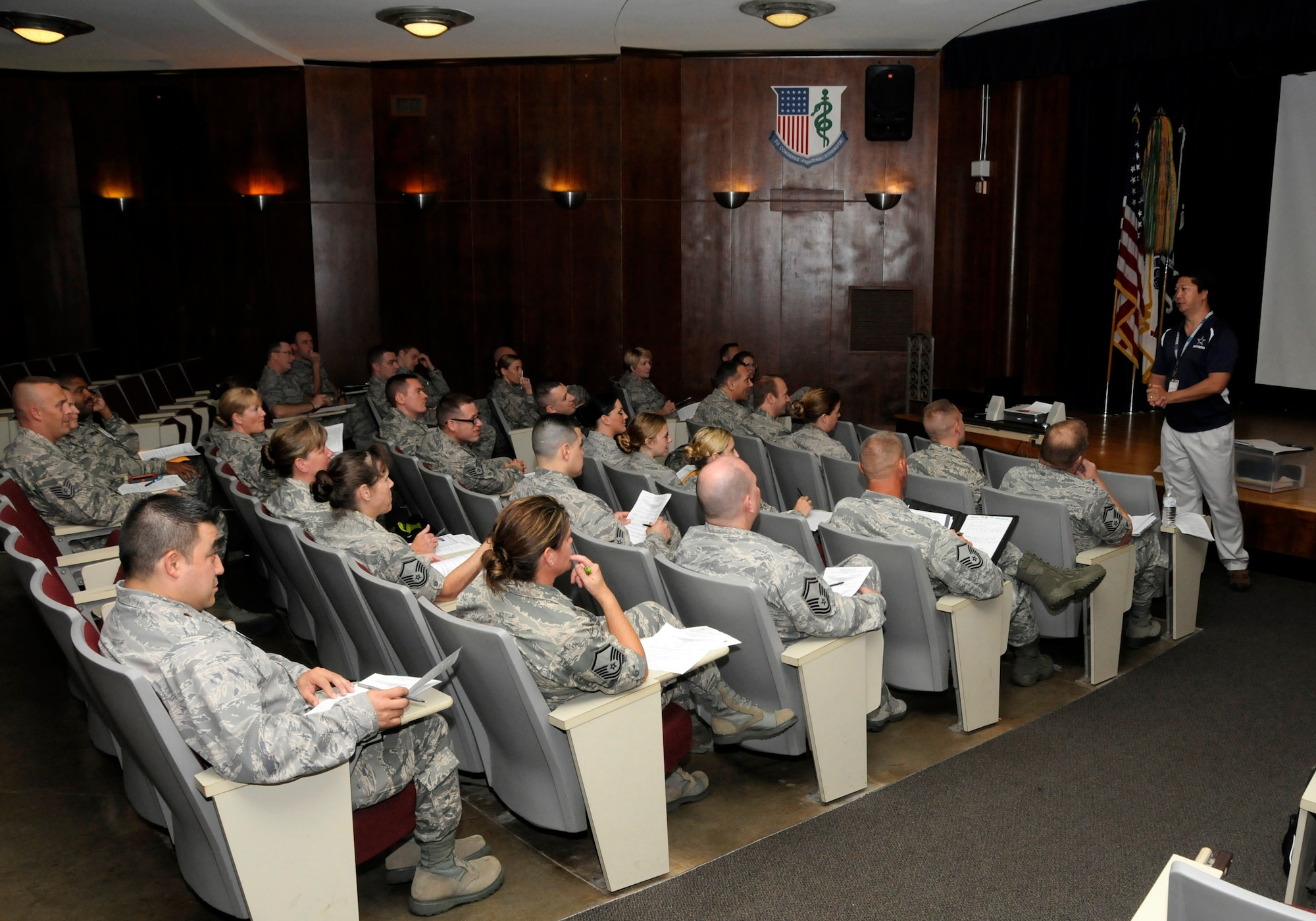 Personnel from the 182nd Medical Group, Peoria, Ill., attend an orientation brief during inprocessing for their Overseas Annual Training (OSAT) at Tripler Army Medical Center, Hawaii, September 7, 2014. (U. S. Air National Guard photo by Tech. Sgt. Todd Pendleton) (Released)