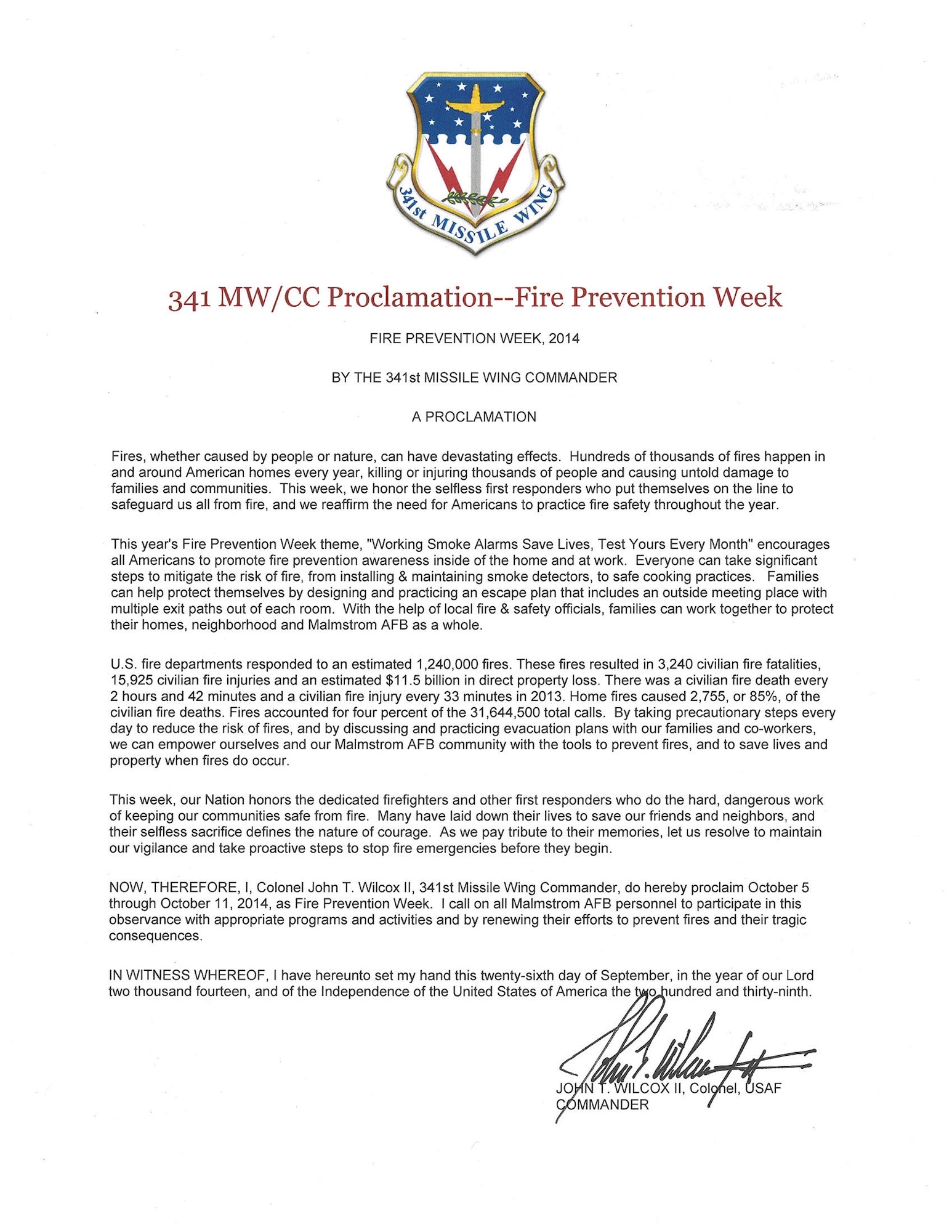 341st Missile Wing Fire Prevention Week calendar of events for Oct. 5-11.