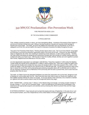 341st Missile Wing commander proclamation for Fire Prevention Week.

