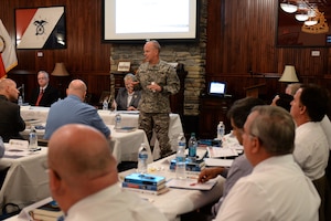 U.S. Army Lt. Gen. Kevin Mangum, Training and Doctrine Command deputy commanding general addresses TRADOC employees during a Civilian Intermediate Leadership Development Program at Fort Eustis, Va., Sept. 23, 2014. The new program will give mid-level civilian employees leadership and career development opportunities over the next two year. (U.S. Air Force photo by Staff Sgt. Teresa J. Cleveland/Released)