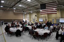 Civilian employers eat breakfast during the Employer Support of the Guard and Reserve “Breakfast with the Boss” at the 182nd Airlift Wing in Peoria, Ill., Sept. 17, 2014. The attendees visited the base to see firsthand how their employees serve the Illinois’ reserve military and how employers play an important role in the defense of the nation. The Department of Defense established ESGR in 1972 to promote the relationship between service members and their civilian employers. (U.S. Air National Guard photo by Staff Sgt. Lealan Buehrer/Released)