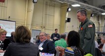 U.S. Air Force Col. William P. Robertson, commander of the 182nd Airlift Wing, visits with civilian employers during the Employer Support of the Guard and Reserve “Breakfast with the Boss” at the 182nd Airlift Wing in Peoria, Ill., Sept. 17, 2014. The attendees visited the base to see firsthand how their employees serve the Illinois’ reserve military and how employers play an important role in the defense of the nation. The Department of Defense established ESGR in 1972 to promote the relationship between service members and their civilian employers. (U.S. Air National Guard photo by Staff Sgt. Lealan Buehrer/Released)