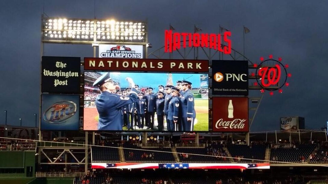 The Singing Sergeants performed the National Anthem for a crowd of baseball fans at Nationals Park on September 25th.  Technical Sergeant Aaron Paige also performed "God Bless America" during the seventh inning stretch. (U.S. Air Force Photo/released)
