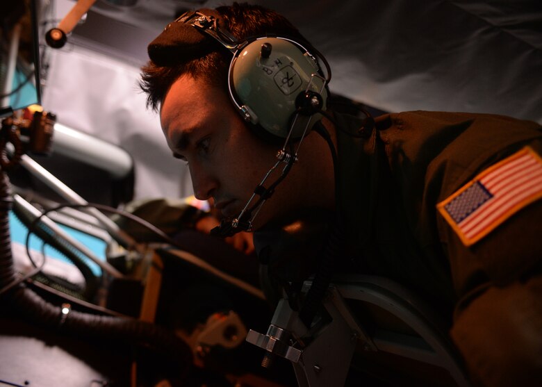 ALTUS AIR FORCE BASE, Okla. – U.S. Air Force Airman 1st Class Greg Adams, 97th Training Squadron student, conducts an aerial refueling in the Boom Operator Weapons System Trainer at the KC-135 Stratonker aircrew training center, Sept. 22, 2014. Altus AFB hosts two Boom Operator Weapon System Trainers in its KC-135 aircrew training facility. The BOWST is an inflight refueling training simulator that helps students become proficient in operating in a boom pod before they step into an actual refueling aircraft. (U.S. Air Force photo by Senior Airman Franklin R. Ramos/Released)