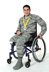 Staff Sgt. Mark Johnson,59th Medical Support Squadron systems administrator earned a silver medal in Wheelchair Rugby at the first ever Invictus Games in London.(U.S. Air Force photo by Ben Faske/Released)