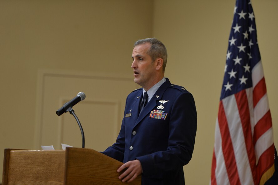 Lt. Col. Joseph Marcinek makes remarks moments after he assumed command of the Air Force Reserve's 28th Intelligence Squadron at the unit's activation and assumption of command ceremony Sept. 24, 2014 at Hurlburt Field, Fla.  The 919th Special Operations Wing will provide continuous support to the Hurlburt-based unit in the areas of financial management, military pay and force support.  (U.S. Air Force photo/Senior Airman Christopher Callaway) 