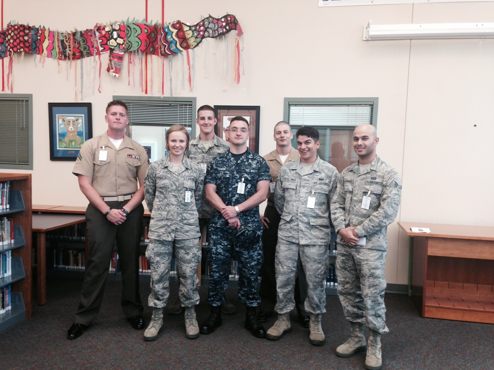 Members of Team Buckley’s Joint Junior Enlisted Group spoke with elementary students Sept. 17 at Murphy Creek P-8 School in Aurora, Colo. The group spoke with the school’s entire fifth-grade class on topics such as the Revolutionary War, the three branches of government and the 27 amendments to the U.S. Constitution. (Courtesy photo by Dena Blair)