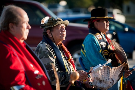 Gene Randall, left to right, Orevie Longhorn and Steve Zavala participate in the gourd dance and reveille ceremony during the Texas American Indian Heritage Day at Joint Base San Antonio-Randolph Sept. 26.  The Texas American Indian Heritage Day events were sponsored by JBSA-Randolph's Native American Heritage Committee. American Indian Heritage Day in Texas, signed into law in 2013, recognizes historical, cultural and social contributions of American Indian communities and leaders of Texas. (U.S. Air Force photo/Desiree N. Palacios)