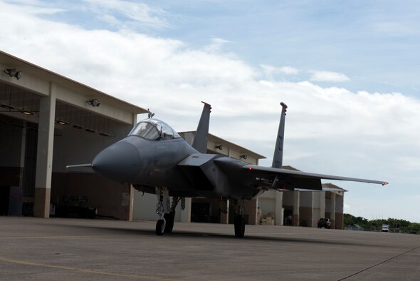 A U.S. Air Force F-15C Eagle taxis for takeoff on Kadena Air Base, Japan, Sept. 16, 2014. The Space, Aerial and Nuclear Networks Division at Hanscom Air Force Base, Mass., is working to ensure connectivity between 4th generation aircraft, such as the F-15 here, and 5th generation aircraft, such as F-22s and F-35s, to enable a shared common tactical picture. (U.S. Air Force photo/Senior Airman Maeson L. Elleman)