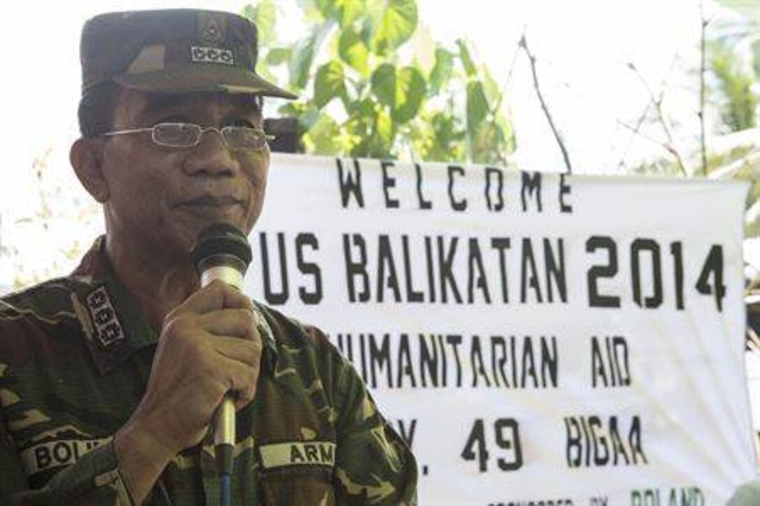 May 12, 2014 - LEGAZPI CITY, Philippines - Philippine Army Col. Generoso Bolina gives his opening remarks May 5 during a medical supply turnover ceremony in Bigaa, Albay province, Philippines. The ceremony was held to officially present medical supplies to Barangay Bigaa as a part of the humanitarian civic assistance program during Exercise Balikatan. This year marks the 30th iteration of the exercise, which is an annual Philippines-U.S. military bilateral training exercise and humanitarian civic assistance engagement. Bolina is the deputy commander of Joint Civil Military Operations Task Force, Armed Forces of the Philippines. 
