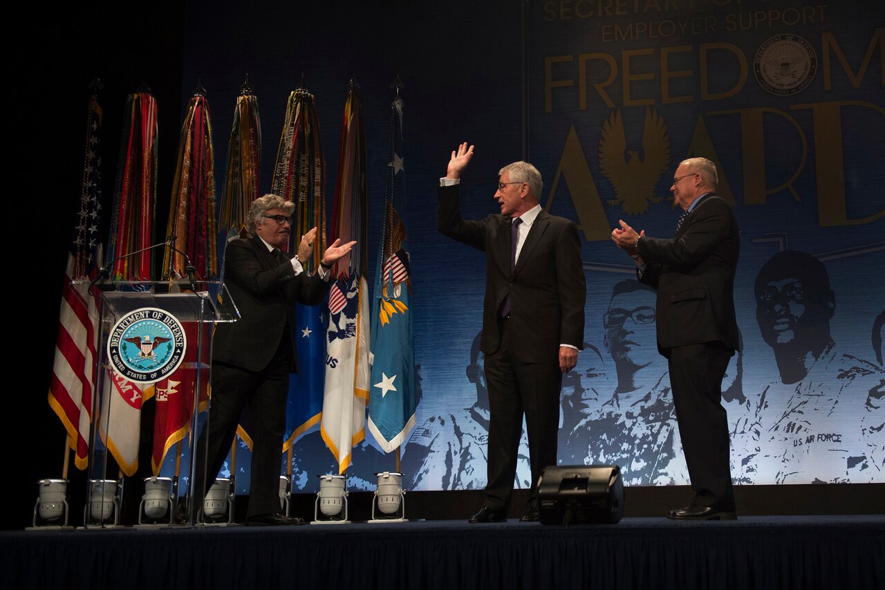 Defense Secretary Chuck Hagel thanks audience members and recipients of the Secretary of Defense Employer Support Freedom Award during a ceremony at the Pentagon, Sept. 26, 2014. Fifteen private- and public-sector employers from across the country were recognized for exceptional support of their employees who serve the nation in the National Guard and Reserve. It is the highest recognition that DoD bestows to employers for such support. DoD photo by Air Force Master Sgt. Adrian Cadiz