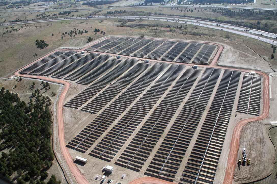 The U.S. Air Force Academy's solar array, pictured here May 13, 2011, occupies 41 acres of land on the Academy's southeast corner, adjacent to Interstate 25. The array, which comprises 18,888 solar panels, produced 12.5 million kilowatt-hours of power since it was activated July 1, 2011. (U.S. Air Force photo)