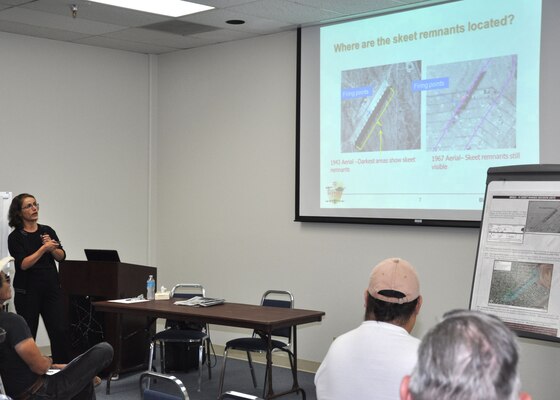 Fran Firouzi, a project manager with the U.S. Army Corps of Engineers Los Angeles District, discusses the next phase of cleaning up properties which were formerly part of the Kingman Ground-to-Ground Gunnery Range at a Sept. 9 public meeting in Kingman, Ariz. The District is planning to conduct a Remedial Investigation and Feasibility Study for the areas surrounding the properties which were cleaned up during the previous remediation phase to determine if any FUDS-related contaminants are present at those properties.