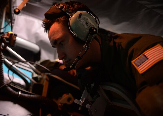Airman 1st Class Greg Adams refuels a B-1B Lancer in the Boom Operator Weapons System Trainer Sept. 22, 2014, at the KC-135 Stratotanker Aircrew Training Center on Altus Air Force Base, Okla. Altus AFB hosts two BOWST in its training facility. The BOWST is an inflight refueling training simulator that helps students become proficient in operating in a boom pod before they step into an actual refueling aircraft. Adams is a student with the 97th Training Squadron. (U.S. Air Force photo/Senior Airman Franklin R. Ramos)