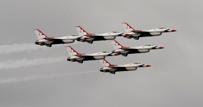 The U.S. Air Force Thunderbirds fly in a six-ship formation during the California International Air Show in Salinas, Calif., Sept. 28, 2014. The team is performing in its 61st season. (U.S. Air Force photo by Staff Sgt. Robert M. Trujillo/Released)