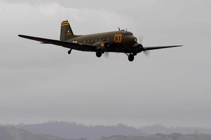 A vintage C-47 Skytrain prepares to land at the California International Air Show in Salinas, Calif., Sept. 28, 2014. The Skytrain was utilized during the D-Day invasion of Western Europe during World War II. (U.S. Air Force photo by Staff Sgt. Robert M. Trujillo/Released)