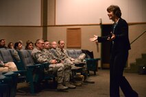 Anne Munch, owner of Anne Munch Consulting, Inc.,  speaks with Team Malmstrom members during a presentation at Malmstrom Air Force Base’s auditorium Sept. 30. Munch speaks with Airmen on a regular basis to shed light on sexual assault prevention in the military and is a subject matter expert for consulting and training on sexual assault, domestic violence and stalking. (U.S. Air Force photo/Airman 1st Class Collin Schmidt)