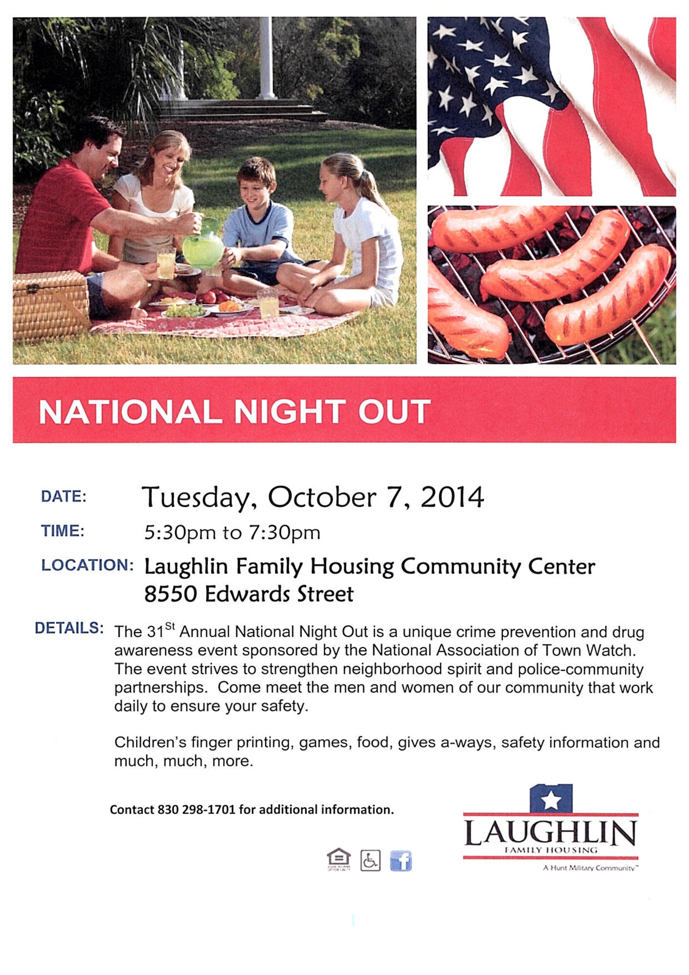 Hunt Housing is scheduled to host a National Night Out at the Community Center on Laughlin Air Force Base, Texas Oct. 7, 2014. National Night out was founded in 1984 by the National Association of Town Watch as a way to promote and develop crime prevention programs.