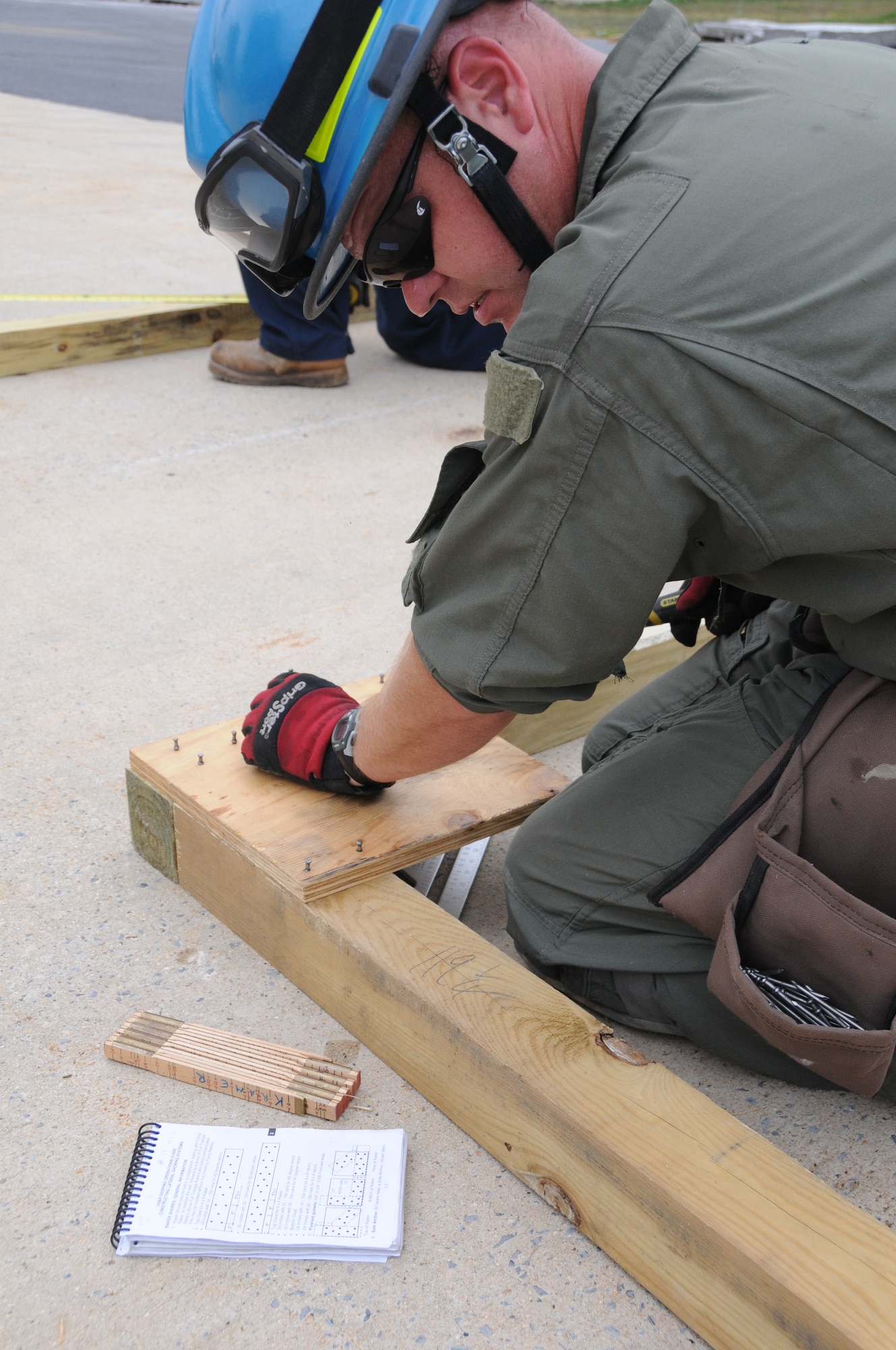 Master Sgt. Scott Kramer, 193rd Special Operations Wing firefighter builds shoring during a Federal Emergency Management Agency Structural Collapse Technician course at Senator John J. Shumaker Public Safety Center, Harrisburg, Pa. Sept. 5, 2014. The two-week course prepared firefighters in the event that they are needed to preform Urban Search and Rescue missions. (U.S. Air National Guard photo by Tech. Sgt. Culeen Shaffer/Released)