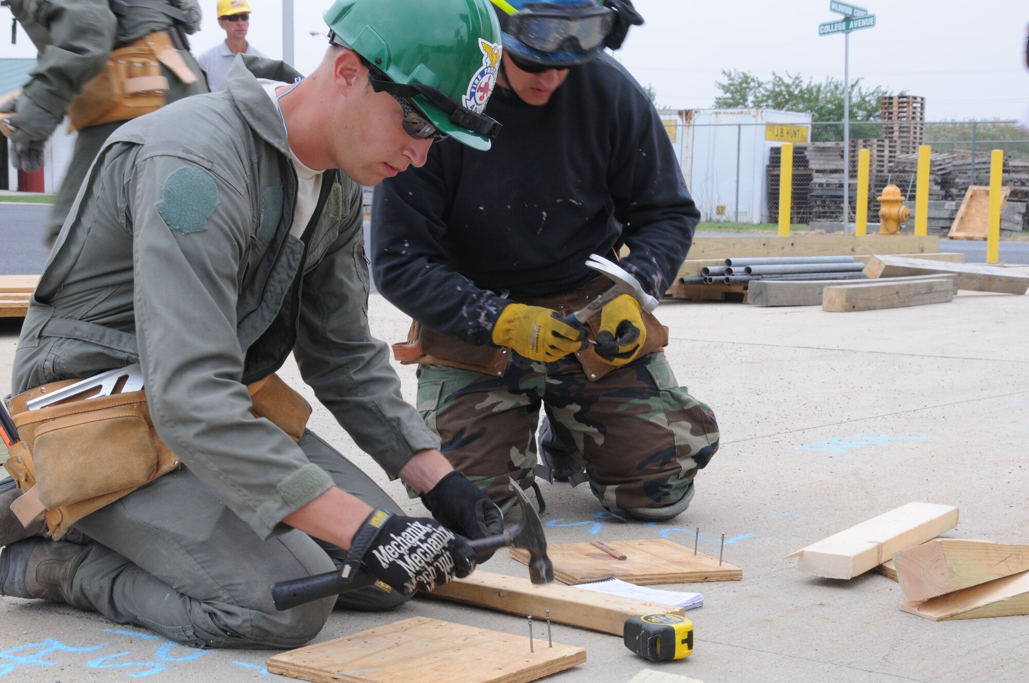 Staff Sgt. Steven Ginder, left, and Staff Sgt. Bryce Valero, 193rd Special Operations Wing firefighters build shoring during a Federal Emergency Management Agency Structural Collapse Technician course at Senator John J. Shumaker Public Safety Center, Harrisburg, Pa. Sept. 5, 2014. The two-week course prepared the firefighters in the event that they are needed to preform Urban Search and Rescue missions. (U.S. Air National Guard photo by Tech. Sgt. Culeen Shaffer/Released)