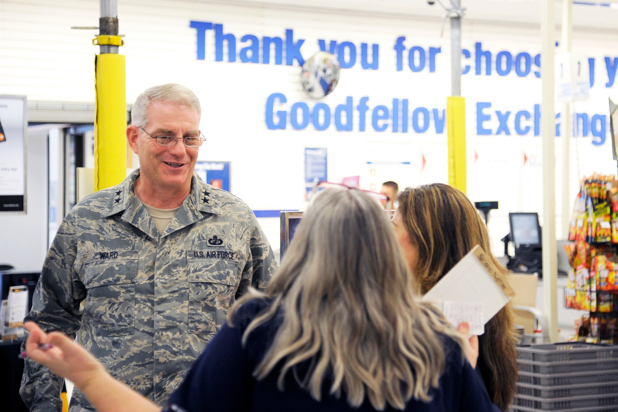 GOODFELLOW AIR FORCE BASE, Texas - Maj. Gen. Joseph Ward, Army & Air Force Exchange Service Deputy Director, meets Exchange associates during a base visit Sept. 19. The visit involved meeting with Airmen and community members to discuss how the Exchange can better serve them. (U.S. Air Force photo/ Staff Sgt. Austin Knox) 
