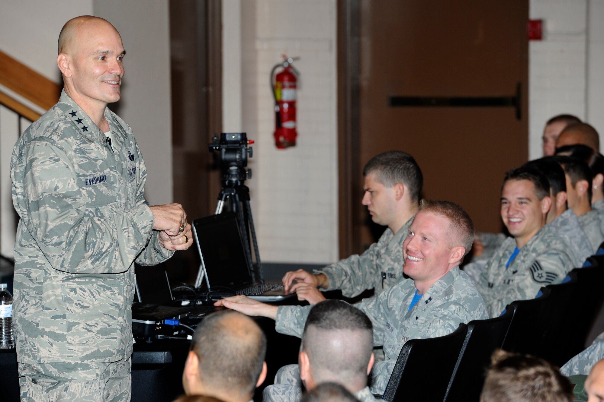 Lt. Gen. Carlton Everhart II, 18th Air Force commander, speaks to Airmen
from the 22nd Air Refueling Wing during an all call Sept. 26, 2014, at
McConnell Air Force Base, Kans. The 22nd ARW, assigned to Air Mobility
Command Eighteenth Air Force, is home to the KC-135 Stratotanker, and is
scheduled to receive the KC-46A Pegasus in 2016. (U.S. Air Force
photo/Airman 1st Class John Linzmeier)
