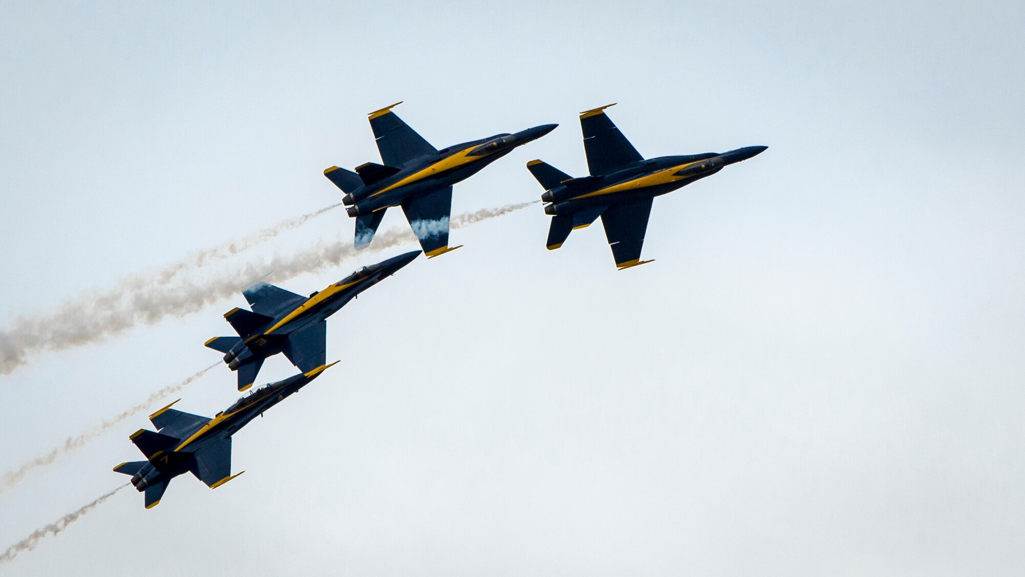 The Blue Angels practice aerial maneuvers in preparation for the Wings over the Pacific Air Show at Joint Base Pearl Harbor-Hickam, Hawaii, Sept. 26, 2014. The Blue Angels are the U.S. Navy’s premier aerial demonstration team. (U.S. Air Force photo by Capt. Raymond Geoffroy/Released)