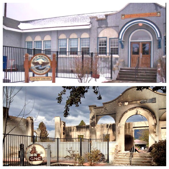 Photos of the Great Northern Corporation County Library in Weed, Calif., before and after the Boles Fire. The fire spanned 479 acres, destroying nearly 150 buildings and damaging three others. (Courtesy photo)