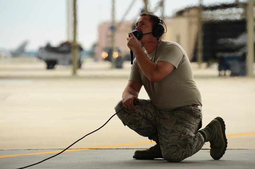 A U.S. Air Force crew chief assigned to the 20th Aircraft Maintenance Squadron, communicates with a pilot during pre-flight engine tests at Shaw Air Force Base, S.C., Sept. 10, 2014. Every F-16CM Fighting Falcon a dedicated crew chief that is trusted with the maintenance and care of the jet. (U.S. Air Force photo by Airman 1st Class Michael Cossaboom/Released)