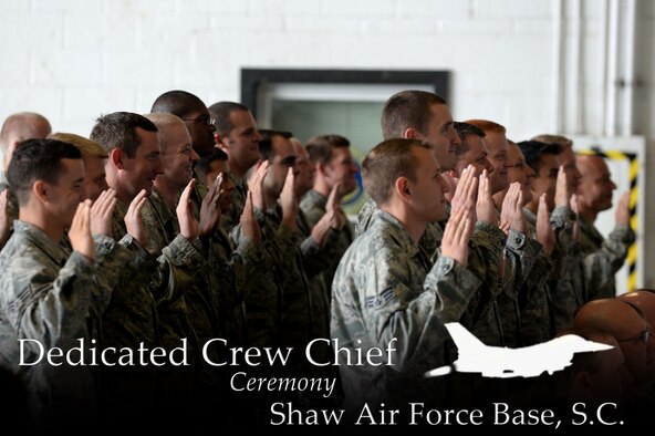 U.S. Air Force crew chiefs assigned to the 20th Aircraft Maintenance Squadron raise their right hand while reciting the Crew Chief Oath during the Dedicated Crew Chief Ceremony at Shaw Air Force Base, S.C., Sept. 29, 2014. During the ceremony crew chiefs were recognized for their dedication and hard work. Every F-16CM Fighting Falcon has a dedicated crew chief assigned who is trusted with the care and maintenance of the jet. At the ceremony the Airmen received a coin from their respective commanders, a certificate certifying them as dedicated crew chiefs, and new maintenance overalls to designate them as dedicated crew chiefs while working on the flightline. (U.S. Air Force photo illustration by Airman 1st Class Michael Cossaboom/Released)