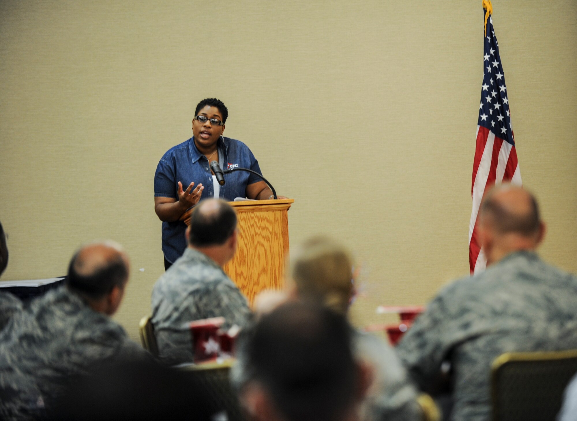 Lakisha Bruce, United Way of Southwest Georgia CEO, addresses members of Team Moody during the Combined Federal Campaign kick-off ceremony. After the kick-off ceremony, Bruce provided training to unit keyworkers on their CFC roles and responsibilities. (U.S. Air Force photo by Andrea Jenkins) 