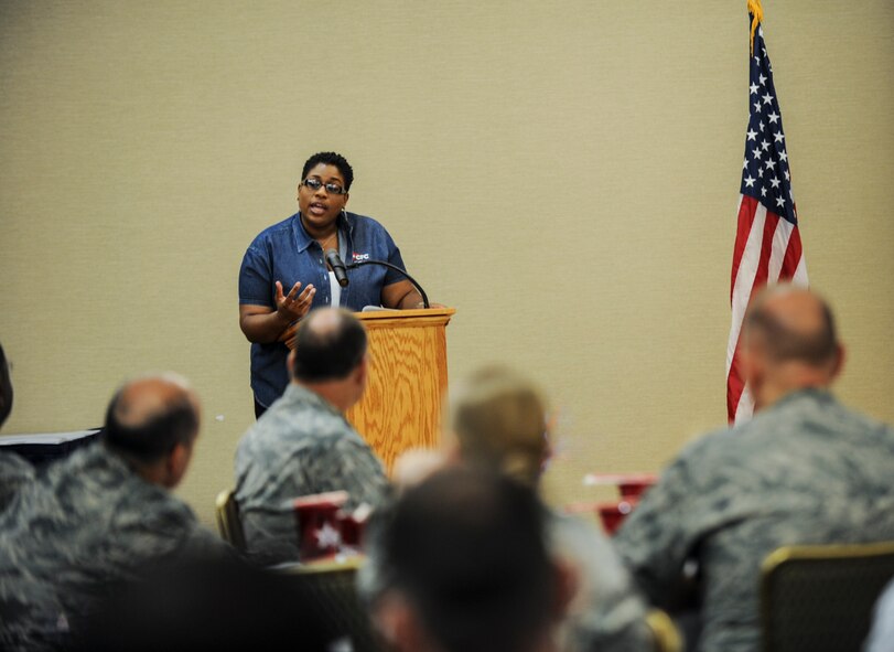 Lakisha Bruce, United Way of Southwest Georgia CEO, addresses members of Team Moody during the Combined Federal Campaign kick-off ceremony. After the kick-off ceremony, Bruce provided training to unit keyworkers on their CFC roles and responsibilities. (U.S. Air Force photo by Andrea Jenkins) 