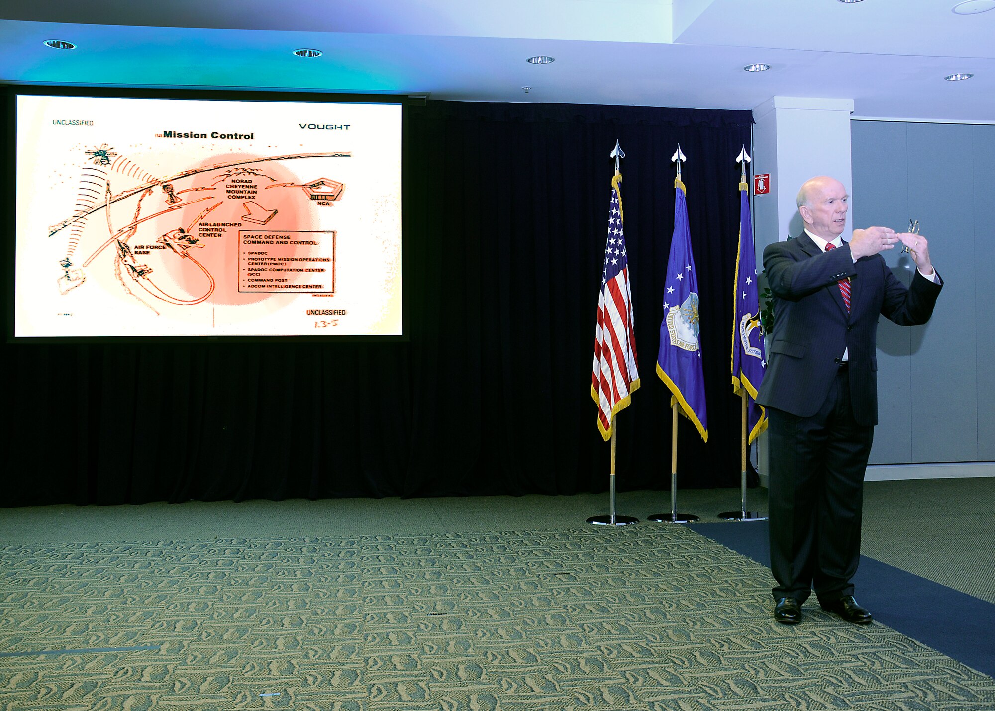 U.S. Air Force Maj. Gen. (Ret) Wilbert “Doug” Pearson, the only aviator ever to destroy a satellite using a weapon from the belly of an F-15, was the guest speaker at the Space Superiority Systems Directorate’s 60th Heritage Anniversary event, held at the Space and Missile Systems Center, Los Angeles Air Force Base, Calif., Sept. 29, 2014. General Pearson was the pilot for the F-15 ASAT test conducted in 1985. SMC/SY's predecessor SPO (then known as SD/YNX) was the program office responsible for the F-15 ASAT program and was instrumental in the success of that test. (Photo by Joe Juarez)
